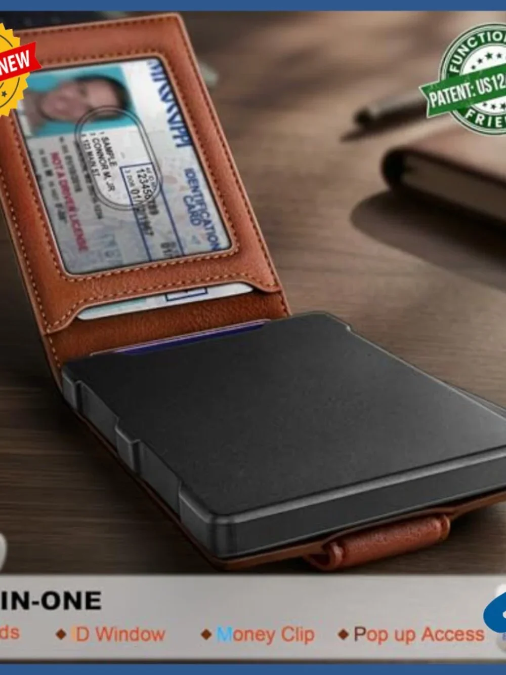 Men's Leather Wallet with Metal Money Clip, RFID Blocking, Magnetic Closure
